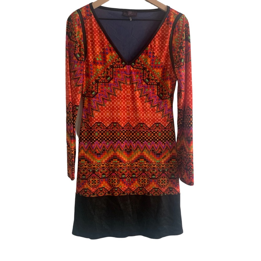 Hale Bob Faux Leather Trim Aztec Long Sleeved V neck Dress